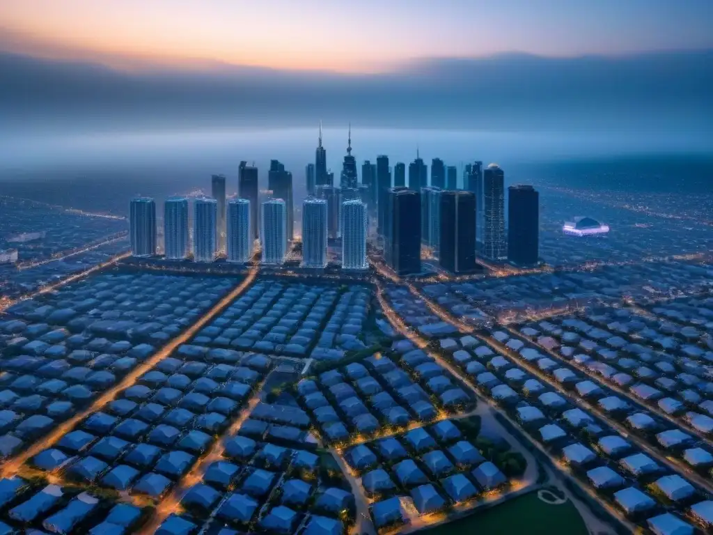 Contrastes de inversión inmobiliaria: éxito y declive en ciudades Vista aérea detallada de una ciudad vibrante con propiedades inmobiliarias diversas, mostrando contrastes entre mercados prósperos y zonas en declive