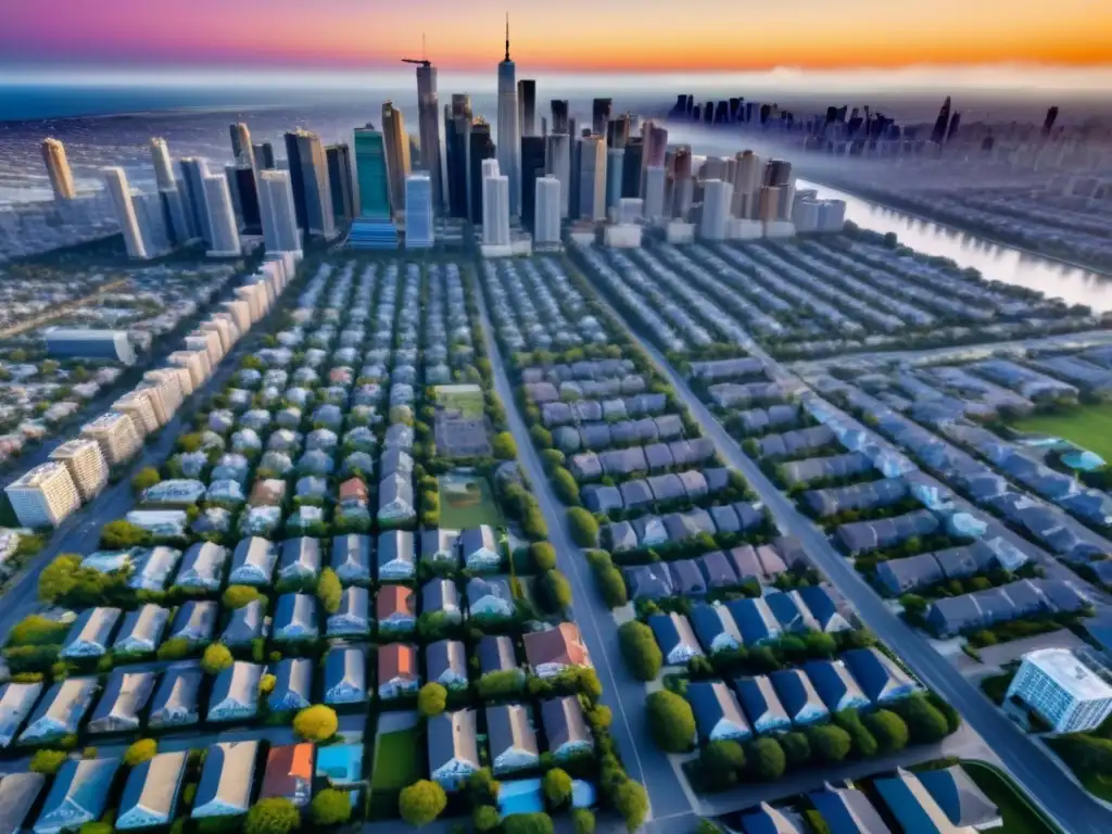 Panorámica detallada de una ciudad vibrante con diversidad inmobiliaria Una vista aérea detallada de una ciudad vibrante, mostrando propiedades inmobiliarias diversas en diferentes regiones