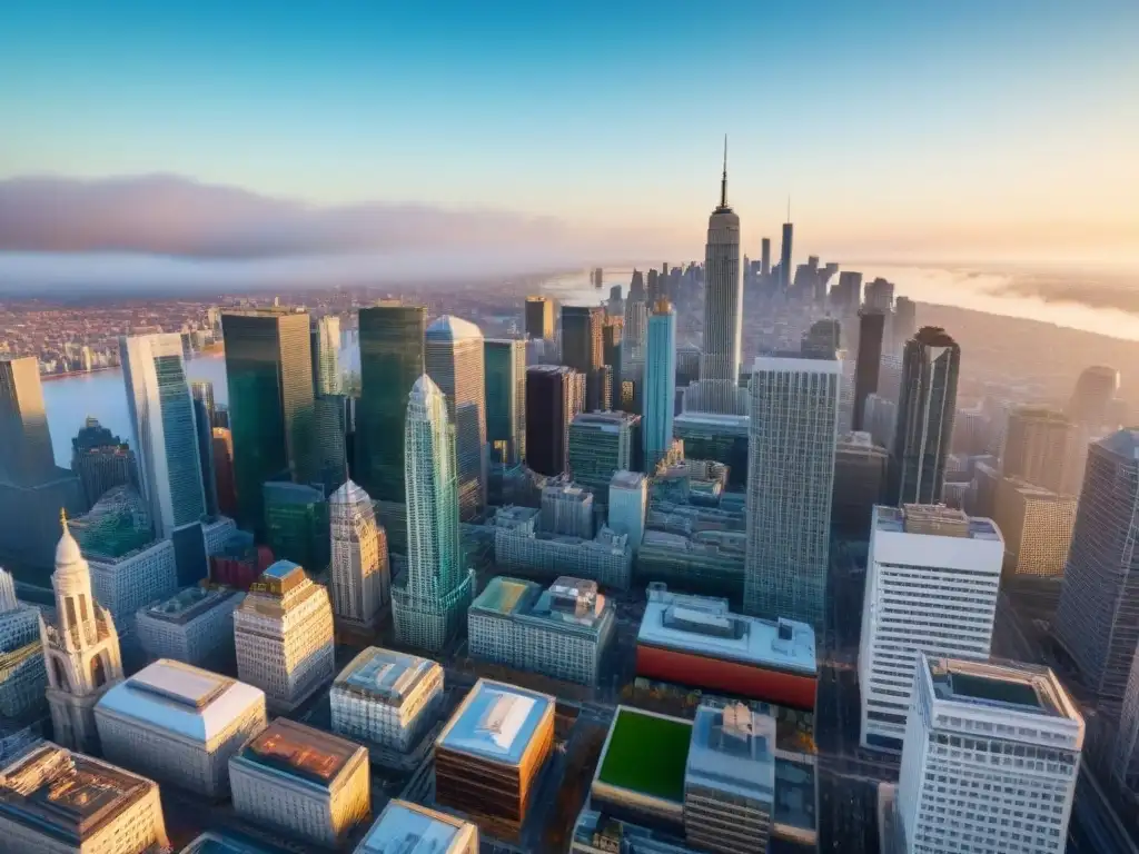 Cityscape vibrante: Finanzas y arquitectura en contraste Vista aérea detallada de ciudad vibrante con mezcla arquitectónica