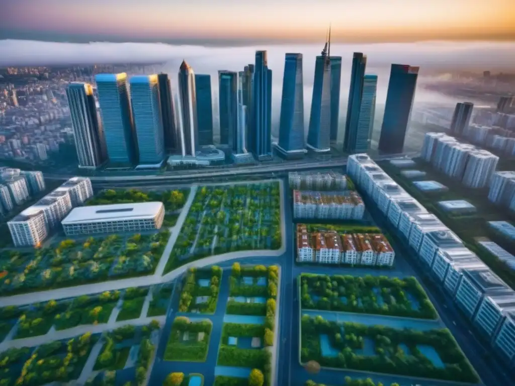 Vista aérea impactante de ciudad moderna y dinámica Vista aérea detallada de una ciudad con rascacielos modernos y edificios contemporáneos, reflejando la energía urbana en 'Financiamiento inmobiliario en economía compartida'