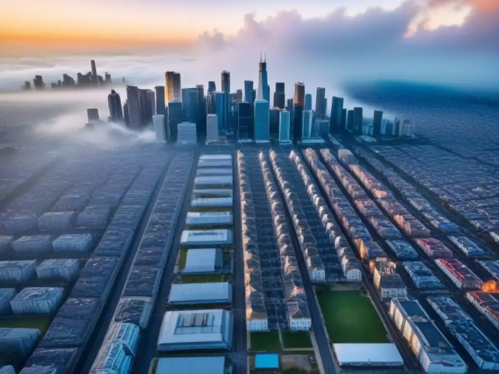 Skyline devastado por desastres naturales: impacto en mercado inmobiliario Vista aérea detallada de una ciudad con daños por desastres naturales