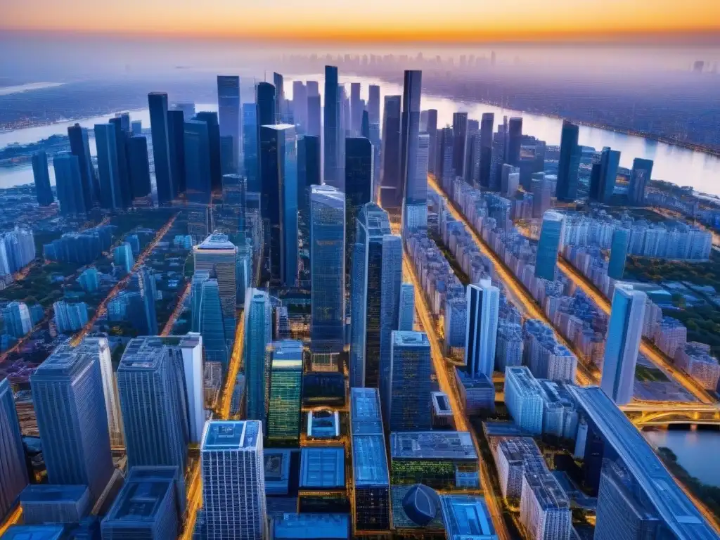 Metrópolis financiera: vibrante skyline urbano Vista aérea detallada de una ciudad moderna con rascacielos, reflejando la vibrante y creciente tendencia financiamiento inmobiliario emergente