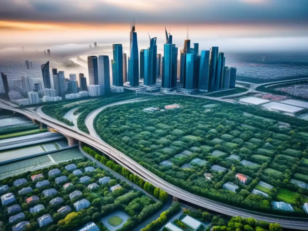 Metrópolis moderna: ciudad próspera con rascacielos y áreas verdes Vista aérea detallada de una ciudad con rascacielos modernos, calles interconectadas, zonas comerciales y espacios verdes integrados