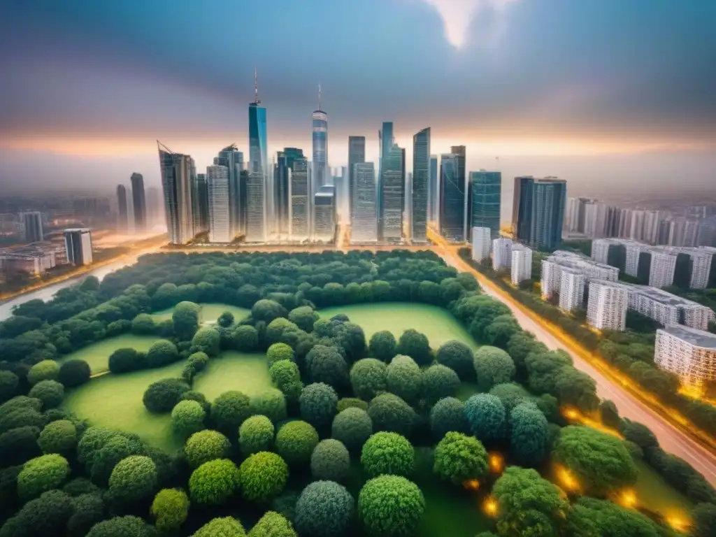 Metrópolis vibrante: integración urbana y natural en el mercado inmobiliario regional Vista aérea detallada de ciudad con rascacielos, parques y vida urbana vibrante