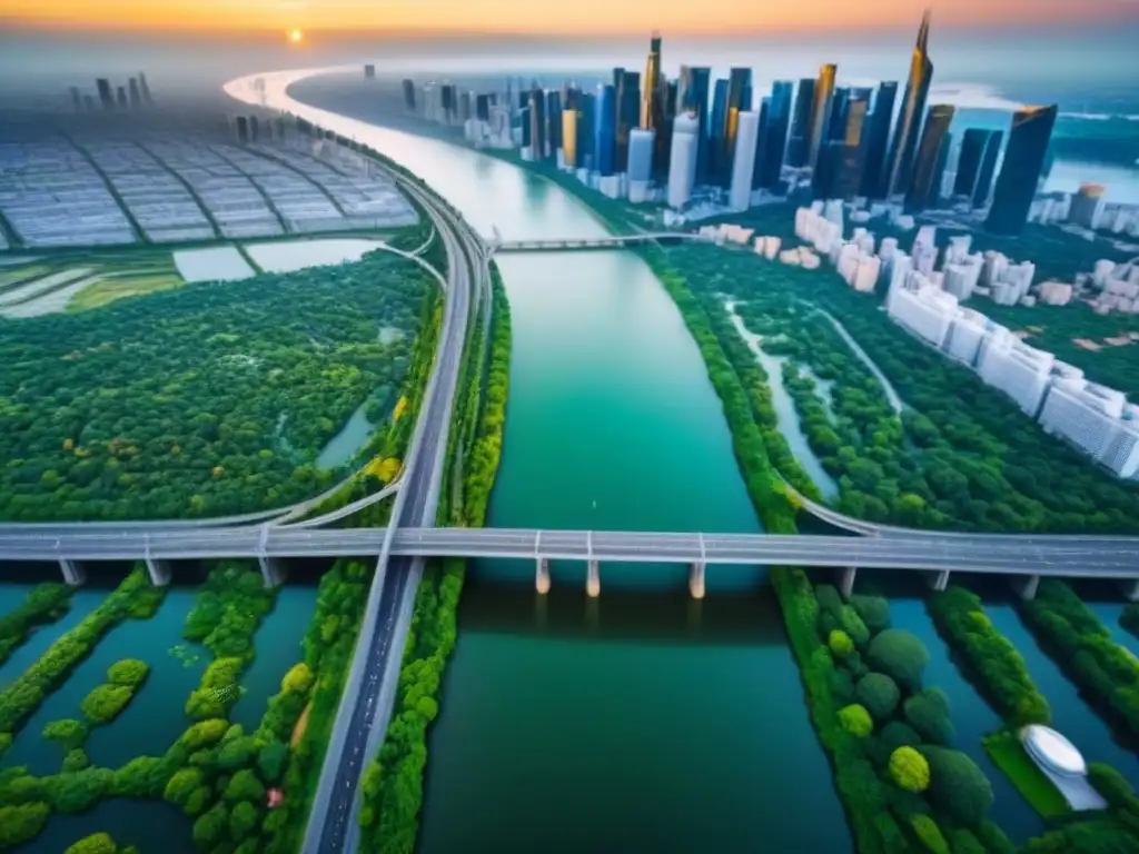 Vista aérea detallada de ciudad moderna y verde Vista aérea detallada de una ciudad moderna con infraestructura y naturaleza