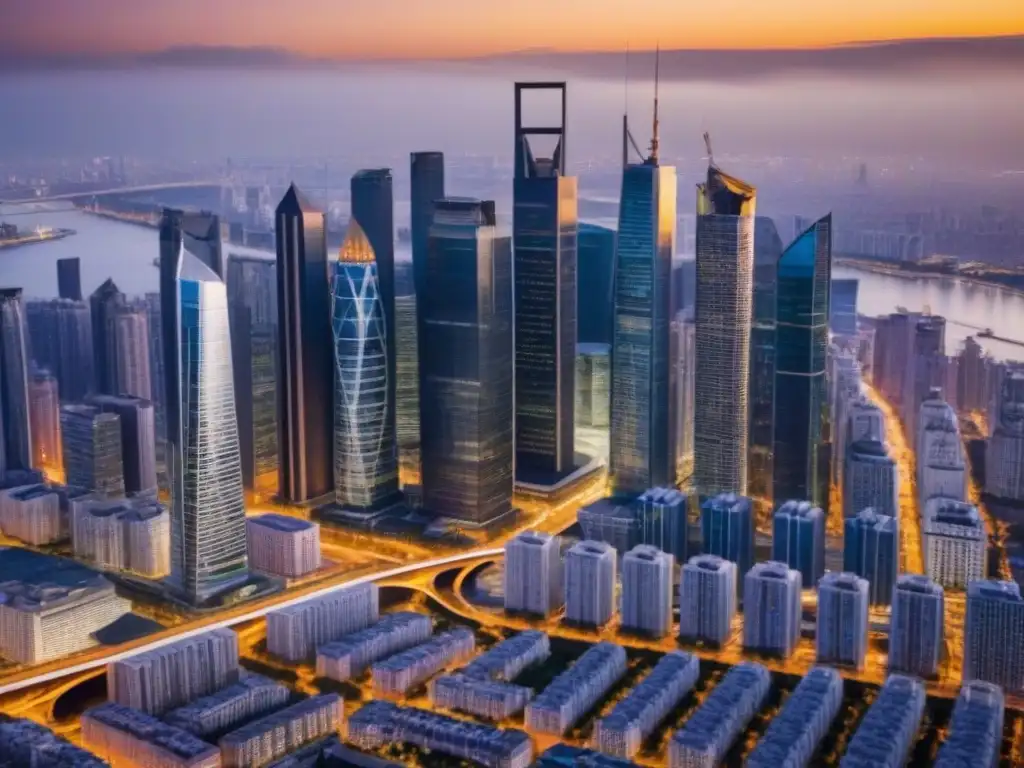 Metrópolis global: inversión inmobiliaria en atardecer vibrante Vista aérea detallada de una ciudad moderna con rascacielos y oportunidades inversión inmobiliaria extranjero