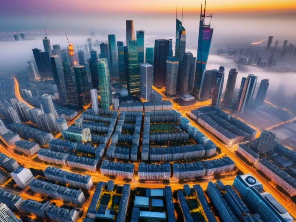 Metrópolis emergente: luces y sombras del mercado inmobiliario en crecimiento Vista aérea detallada de una ciudad moderna en constante crecimiento y los riesgos en mercados inmobiliarios emergentes