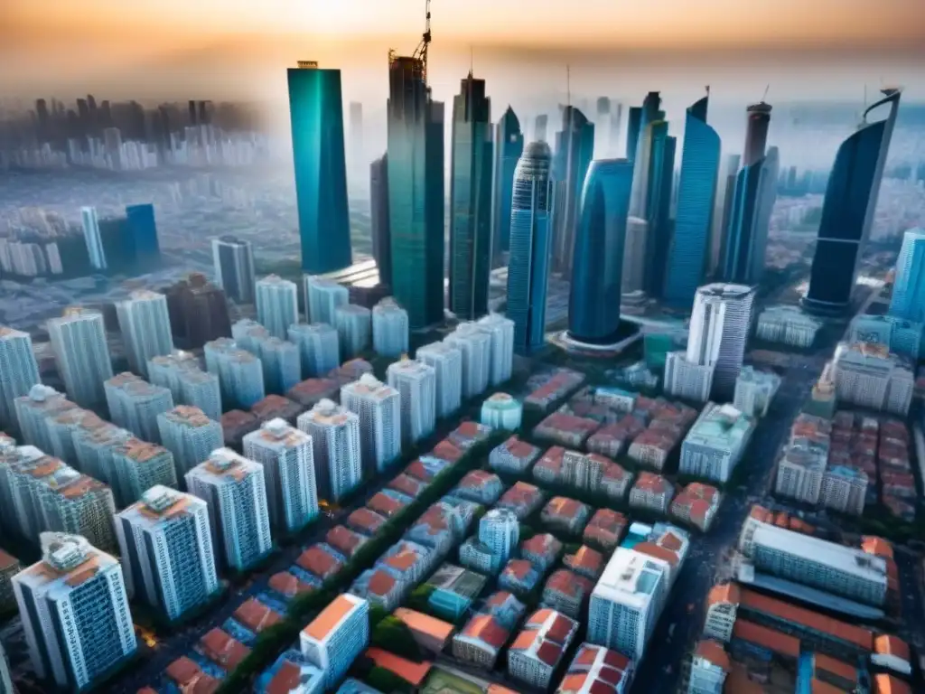 Cityscape emergente: fusión de tradición y modernidad Vista aérea detallada de una ciudad emergente con mezcla de arquitectura tradicional y moderna