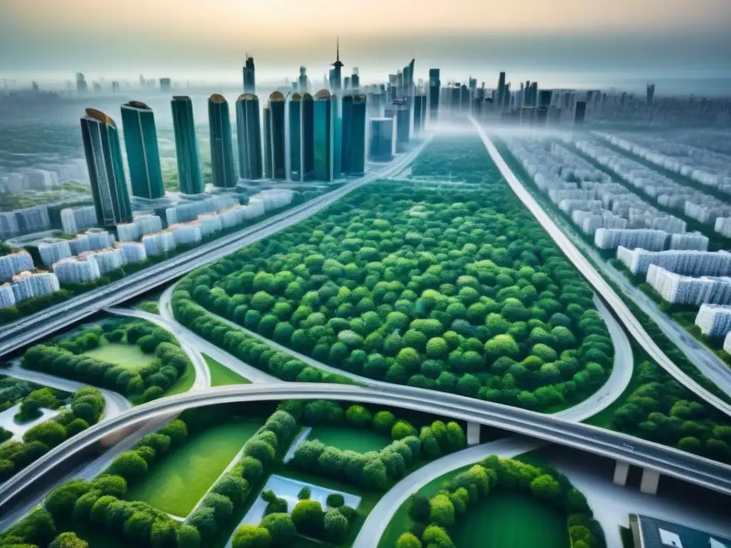 Cityscape moderno: interconexión de infraestructura y viviendas Vista aérea detallada de una ciudad bulliciosa, con edificios modernos intercalados con áreas verdes y vías