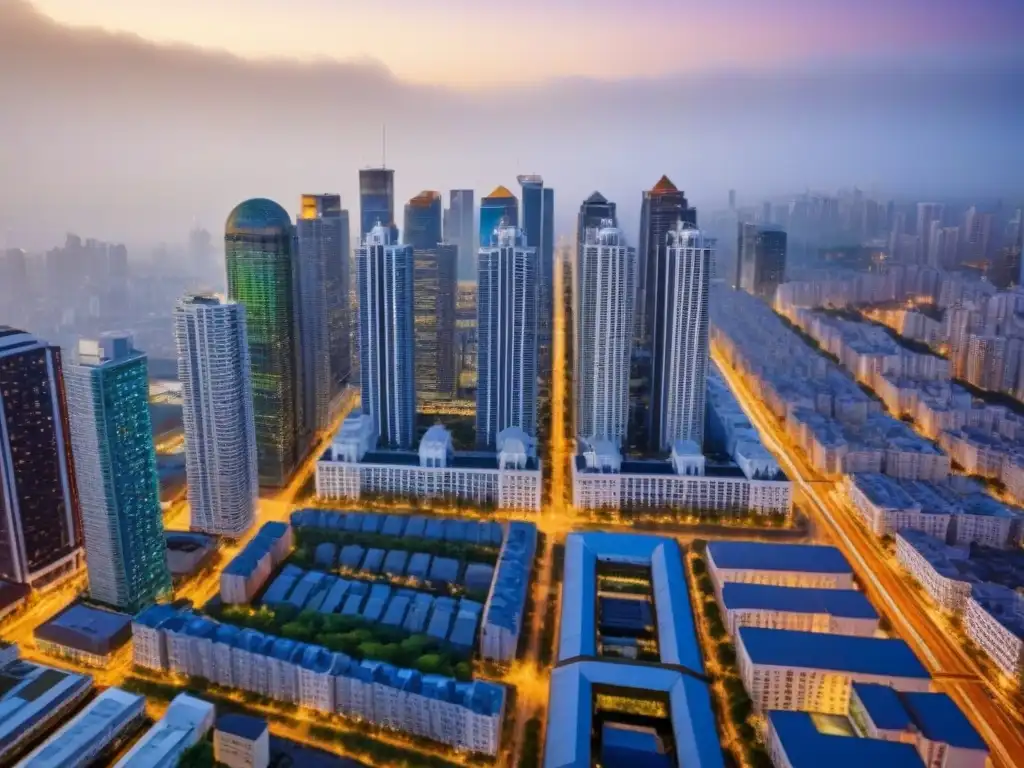 Vista aérea detallada de ciudad: arquitectura moderna y tradicional Vista aérea detallada de una ciudad con arquitectura moderna y tradicional, reflejando las políticas de vivienda e inversión urbana