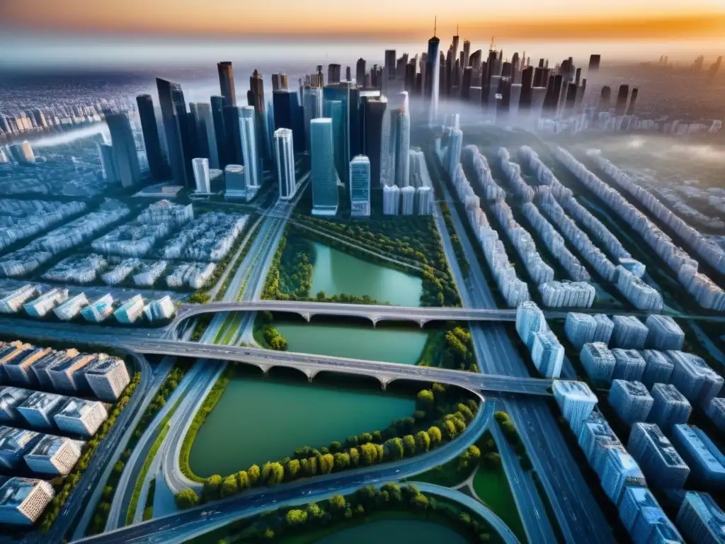 Panorámica urbana: vida vibrante entre rascacielos y parques Vista aérea detallada de la ciudad con rascacielos y edificios residenciales, reflejando el efecto quantitative easing en el mercado inmobiliario