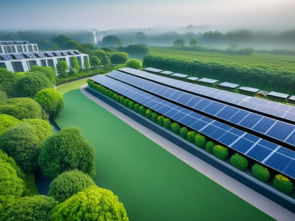 Complejo residencial sostenible: arquitectura moderna rodeada de naturaleza Vista aérea detallada de complejo residencial sostenible con paneles solares, áreas verdes y diseño energéticamente eficiente