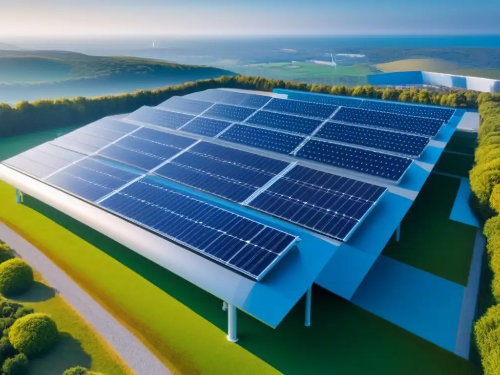 Complejo sostenible futurista: diseño ecoamigable Vista aérea detallada de un complejo de edificación sostenible con energía eficiente bajo cielo azul claro