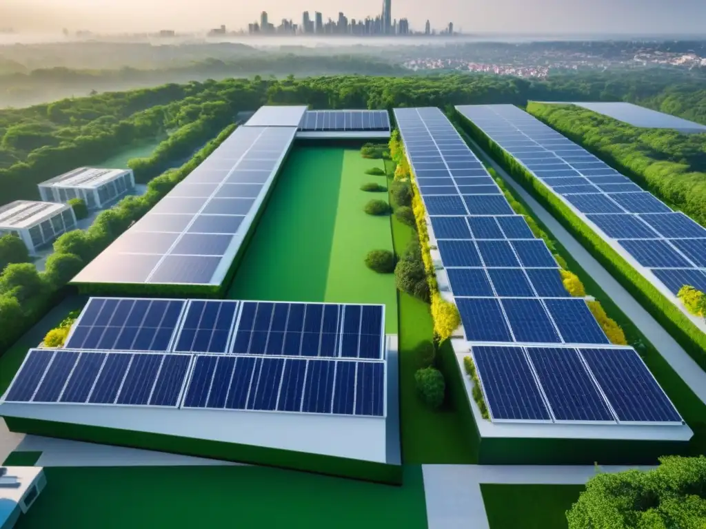 Complejo verde sostenible en ciudad vibrante Vista aérea detallada de complejo inmobiliario verde con paneles solares y sistemas de reciclaje de agua, destacando Financiamiento Verde en la ciudad