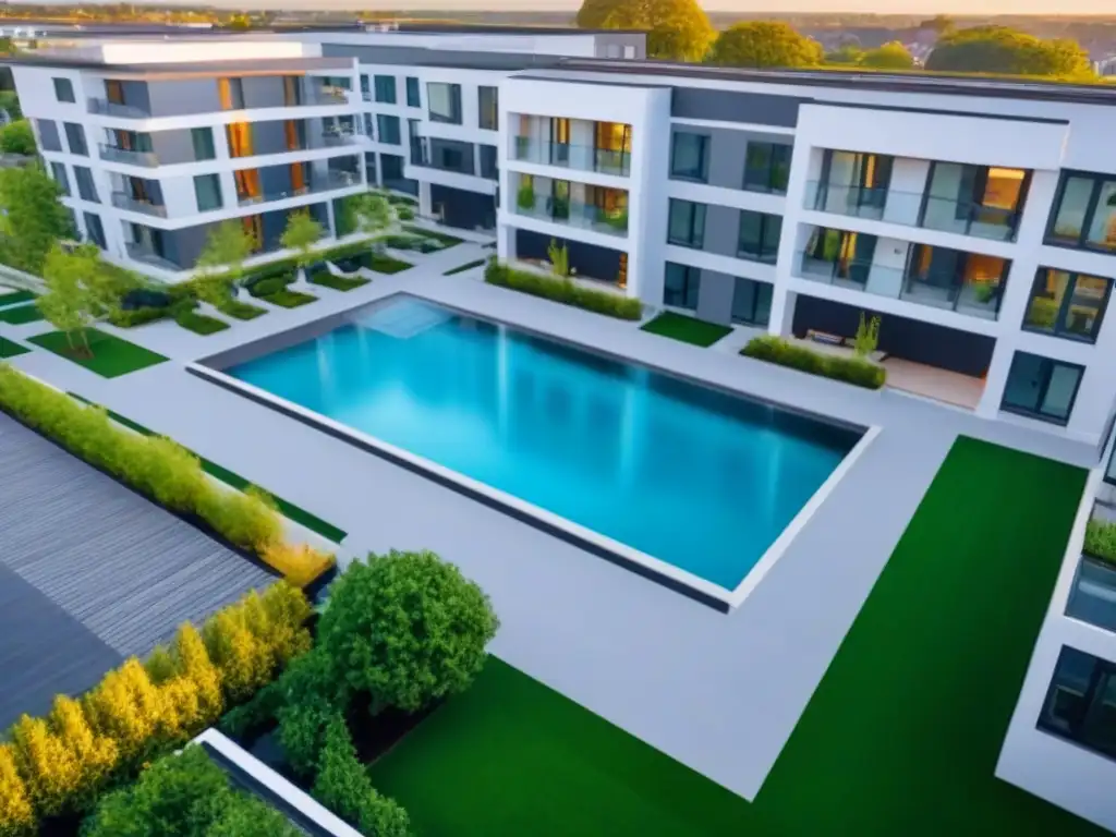Complejo residencial moderno: arquitectura y comunidad Vista aérea detallada de complejo residencial moderno con áreas verdes, piscina y residentes