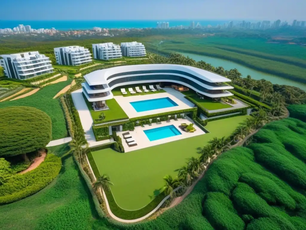 Exclusivo complejo inmobiliario de lujo con amenidades premium Vista aérea detallada de desarrollo inmobiliario de lujo con piscina, canchas de tenis y helipuerto