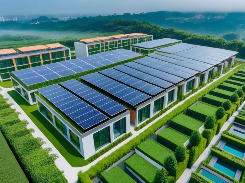 Desarrollo inmobiliario moderno: transparencia y sostenibilidad Vista aérea detallada de desarrollo inmobiliario moderno con transparencia y sostenibilidad