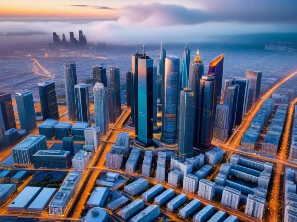 Distrito comercial: arquitectura moderna y energía vibrante Una vista aérea detallada de un distrito comercial bullicioso, con rascacielos modernos y oficinas interconectadas por calles llenas de vida