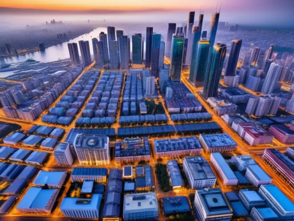 Vibrante distrito comercial: oportunidades inmobiliarias en la ciudad Vista aérea detallada de un distrito comercial con rascacielos modernos, calles llenas de gente y autos