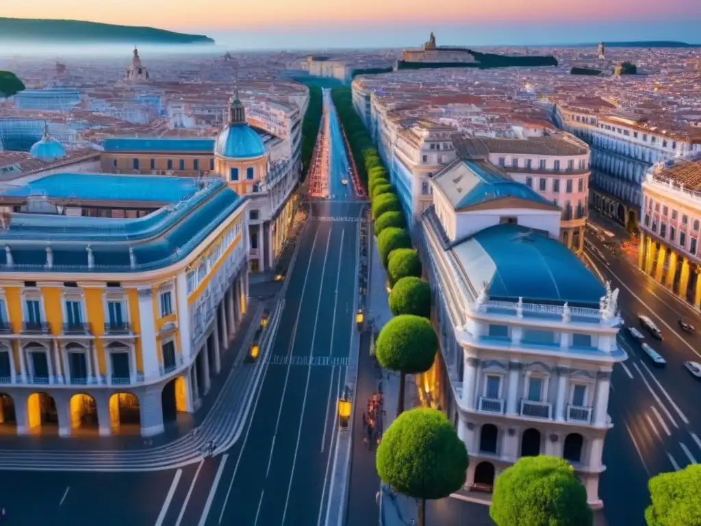 Contraste arquitectónico: Madrid y Roma desde las alturas Vista aérea detallada de Madrid y Roma, contrastando estilos arquitectónicos