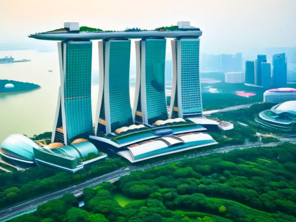 Vista aérea detallada de Singapur: Marina Bay Sands y skyline moderno Vista aérea detallada de Singapur con el icónico hotel Marina Bay Sands rodeado de rascacielos y vegetación, simbolizando las mejores condiciones de financiamiento inmobiliario en Asia