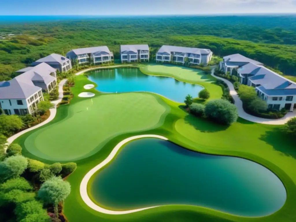 Retiro de lujo para baby boomers: oasis de bienestar y sofisticación Vista aérea detallada de lujosa comunidad de retiro para baby boomers con amenidades modernas y vibrante atmósfera comunitaria