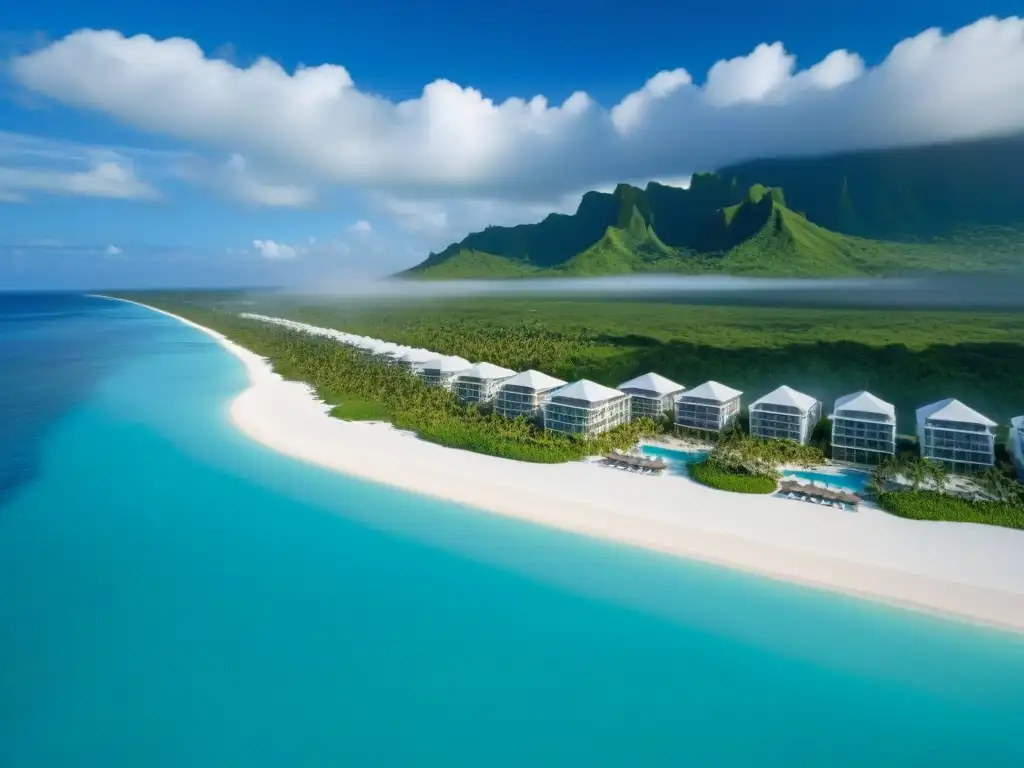 Paraíso tropical: Resort de lujo entre palmeras y aguas turquesas Vista aérea detallada de un lujoso resort entre exuberante vegetación tropical y aguas cristalinas