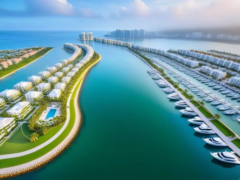 Exclusivo barrio costero: modernos rascacielos, marina y lujo Vista aérea detallada de un lujoso barrio frente al mar con modernos rascacielos, áreas verdes y un puerto deportivo