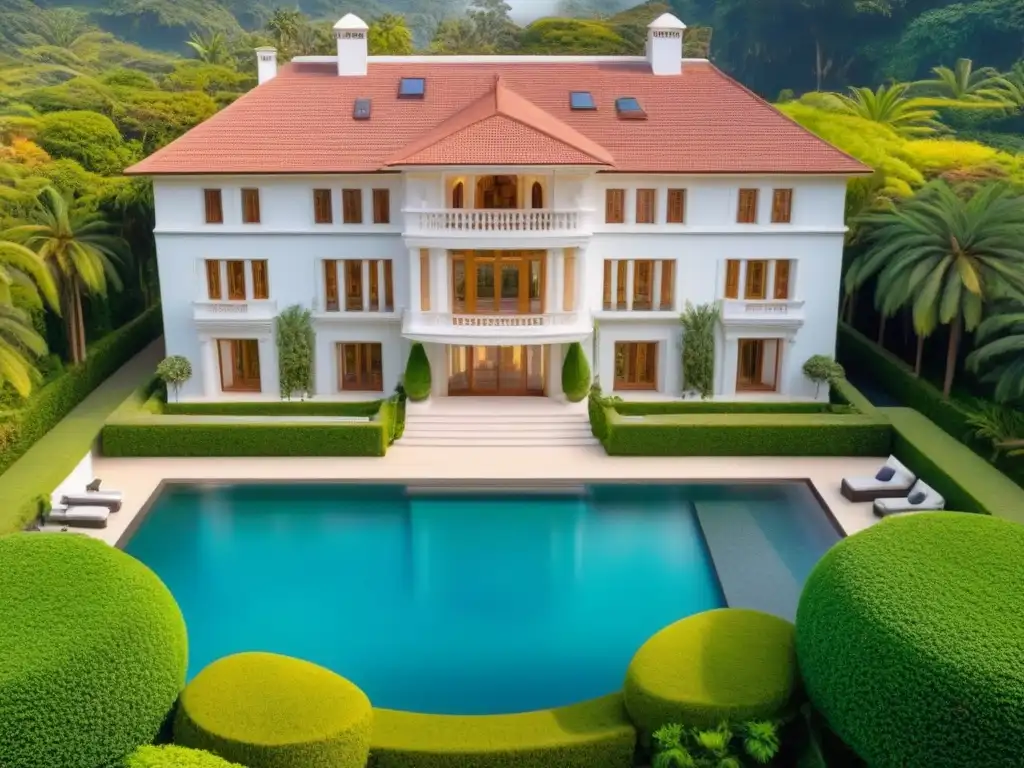 Exclusiva mansión de lujo con piscina y jardín exuberante Vista aérea detallada de mansión lujosa rodeada de vegetación exuberante y piscina reluciente