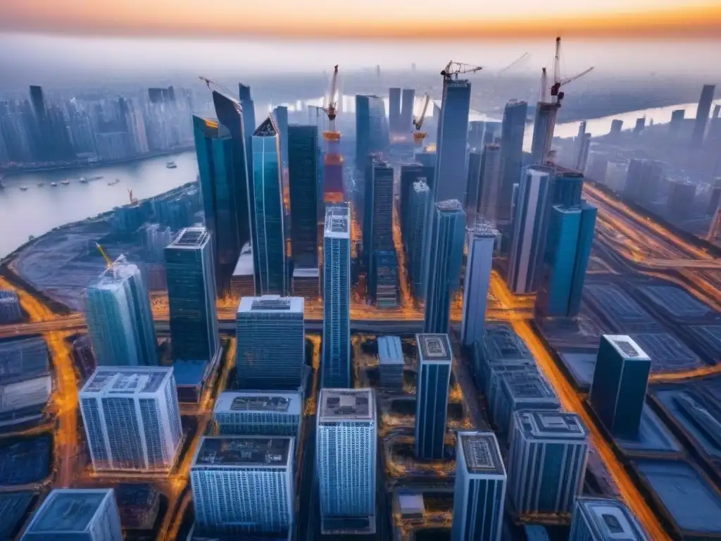 Vista aérea detallada de ciudad con rascacielos y obras en progreso Vista aérea detallada de una metrópolis con rascacielos imponentes y proyectos inmobiliarios monumentales en construcción
