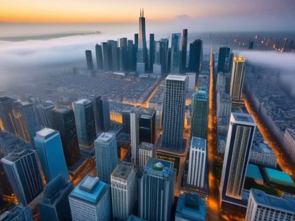 Contraste arquitectónico: evolución urbana posguerra Vista aérea detallada mostrando la mezcla de rascacielos modernos y edificios históricos en una ciudad posbélica, simbolizando la evolución y reconstrucción de paisajes urbanos