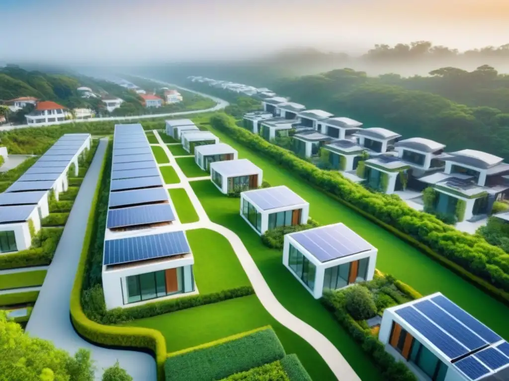 Proyecto sostenible: diseño moderno y verde para vivir en comunidad Vista aérea detallada de proyectos inmobiliarios sostenibles líderes con diseño moderno y verde