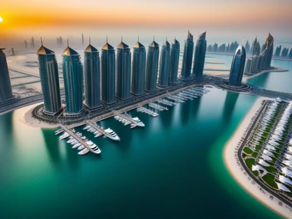 Espectacular skyline de Dubai Marina al atardecer Vista aérea detallada de Dubái Marina con rascacielos futuristas y yates de lujo en el Golfo Pérsico al atardecer