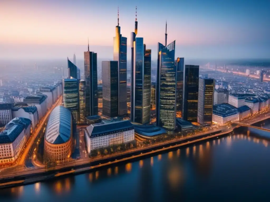 Espléndida vista aérea de la Frankfurt moderna al anochecer Vista aérea detallada de Frankfurt al anochecer con rascacielos iluminados y el río Main, destacando el financiamiento inmobiliario en Alemania