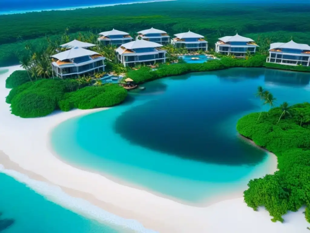 Resort de lujo en playa paradisíaca: inversión ideal Vista aérea detallada de resort en playa de lujo con aguas turquesa, arenas blancas y comodidades de lujo