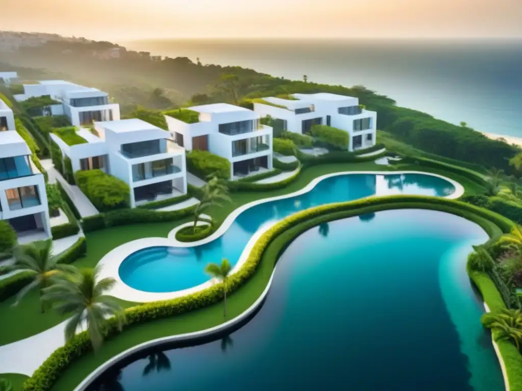 Mansions de lujo en costa dorada Vista aérea detallada de vecindario lujoso entre costa y vegetación