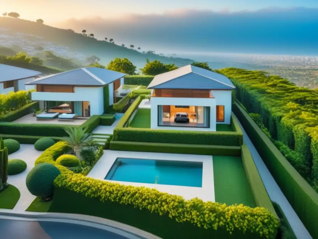 Exclusividad y lujo: Residencial de alta gama con vistas aéreas detalladas Vista aérea detallada de zona residencial exclusiva en zona alto, con propiedades lujosas y jardines bien cuidados
