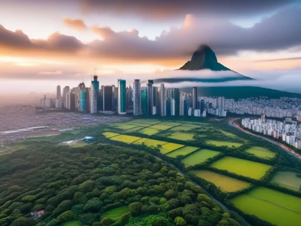 Horizonte urbano moderno en América Latina: inversión inmobiliaria Vista aérea de un dinámico skyline en Latinoamérica, resaltando el potencial para inversiones inmobiliarias en la región