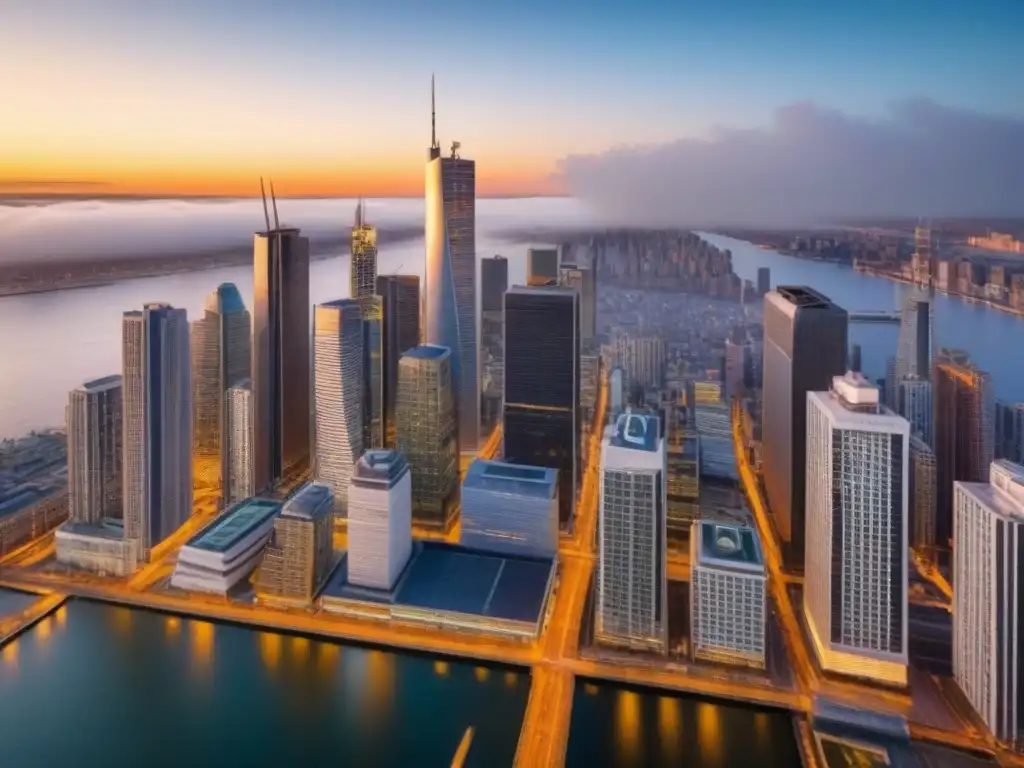 Distrito financiero urbano al atardecer: sinónimo de éxito y modernidad Vista aérea de distrito financiero moderno con rascacielos reflejando tonos dorados del atardecer, clave éxito financiamiento inmobiliario