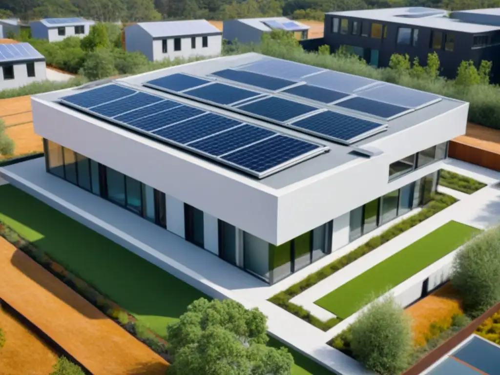Complejo sostenible: tecnologías ecoamigables y diseño moderno Vista aérea de edificaciones sostenibles financiamiento préstamos con sistemas innovadores de conservación de agua y diseño ecoamigable
