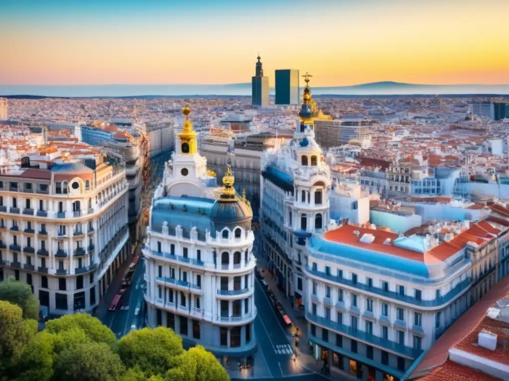 Madrid: mezcla arquitectónica en vibrante ciudad española Vista aérea de Madrid con edificios históricos y modernos bajo un cielo azul, simbolizando el mercado inmobiliario en España