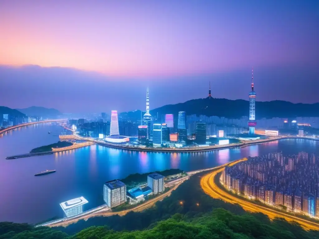 Espectacular vista aérea del skyline de Seúl al atardecer Vista aérea de Seúl al anochecer con edificios iluminados y el río Han, reflejando la vibrante vida urbana de Corea