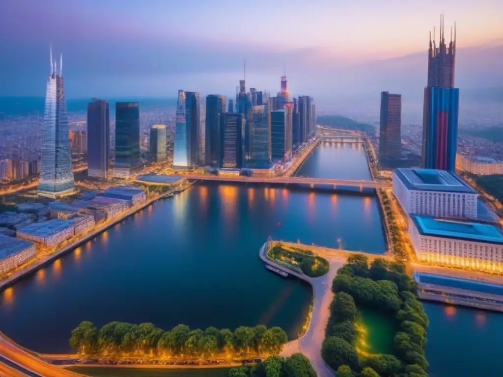 Metrópolis vibrante: luces, finanzas y progreso en la ciudad Vista aérea fascinante de la ciudad al atardecer, con rascacielos iluminados y personas discutiendo afuera de un edificio gubernamental