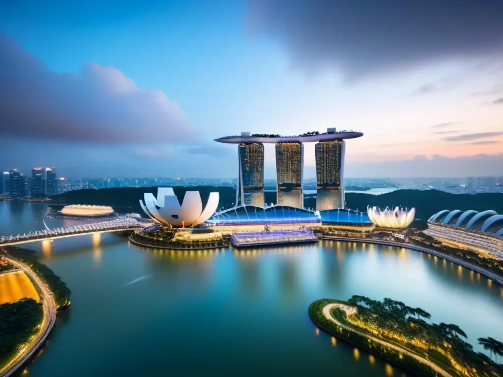 Espectacular skyline de Singapur al anochecer Vista aérea de Singapur al anochecer con Marina Bay Sands y Supertree Grove, ideal para inversiones inmobiliarias en Asia