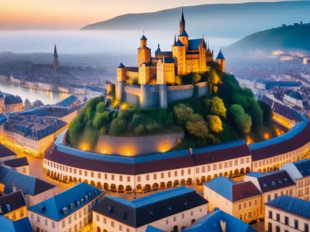 Majestuosa vista aérea de ciudad europea histórica con castillo Vista aérea impactante de una ciudad europea histórica con calles empedradas, edificios medievales y un majestuoso castillo en una colina