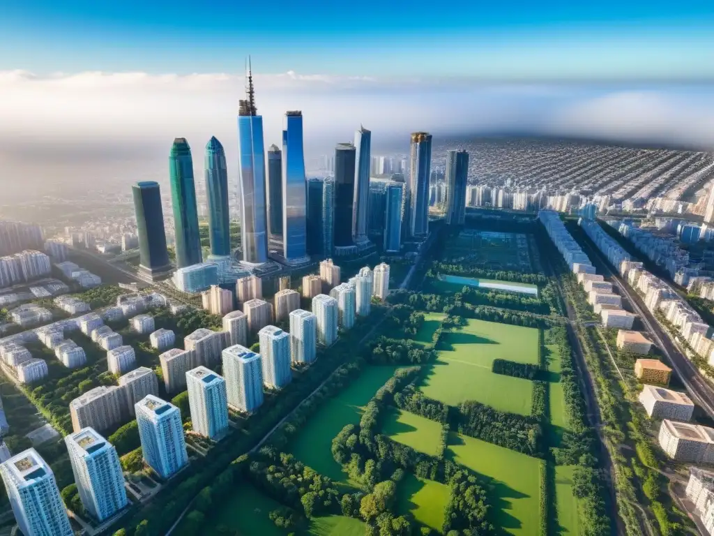 Vista aérea impresionante de ciudad diversa: real estate en acción Vista aérea impactante de una ciudad diversa con rascacielos modernos, áreas verdes y viviendas, reflejando el dinámico mercado inmobiliario