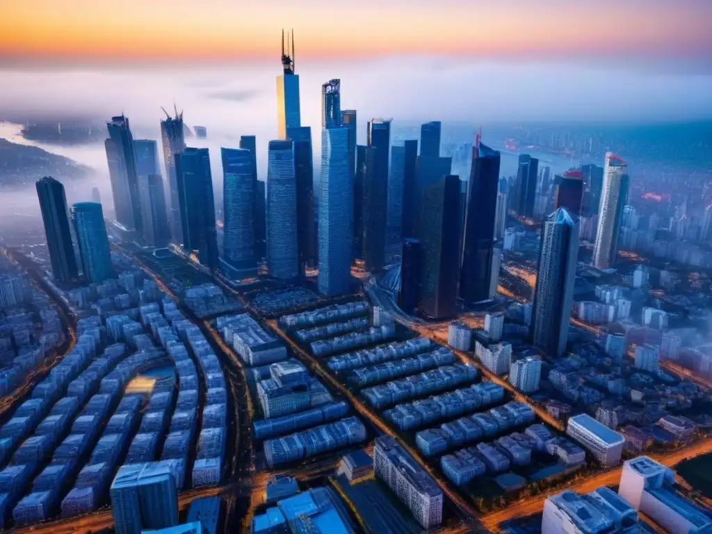 Inversión inmobiliaria global: impacto de las divisas en la ciudad Vista aérea impactante de una ciudad bulliciosa con rascacielos, reflejando la inversión inmobiliaria y tasas de cambio globales