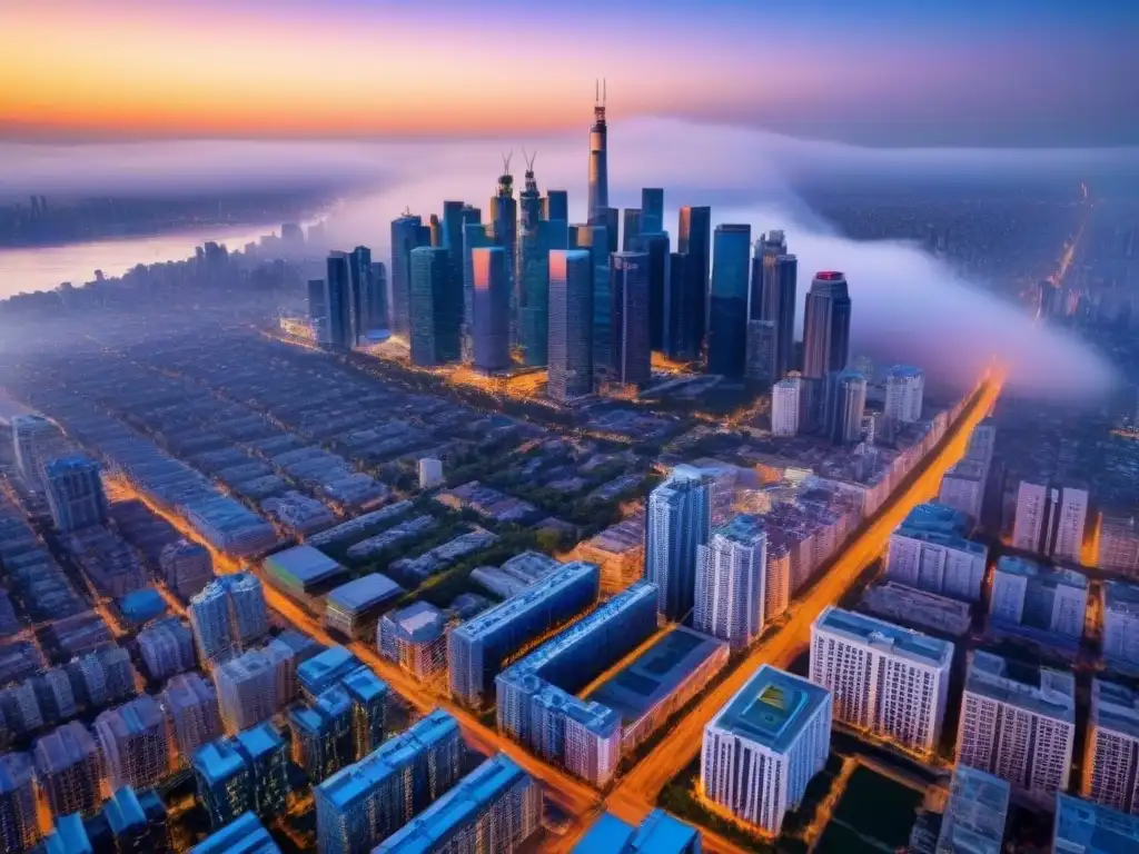 Vista aérea impresionante de ciudad moderna al anochecer Vista aérea impactante de ciudad al anochecer con rascacielos iluminados