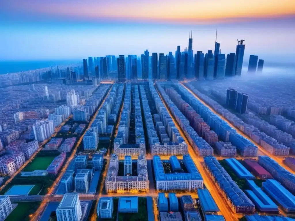 Metrópolis moderna: impacto urbano en cielo azul Vista aérea impactante de ciudad moderna con rascacielos alineados, diversidad arquitectónica y normativa local proyectos inmobiliarios