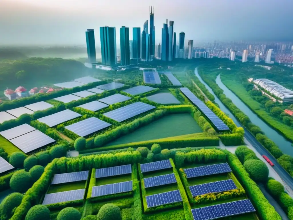 Desarrollo urbano sostenible: ciudad moderna con infraestructura verde Vista aérea impactante de una ciudad moderna con rascacielos y espacios verdes, destacando la integración de infraestructura sostenible como paneles solares en techos, techos verdes y sistemas de transporte público eficientes